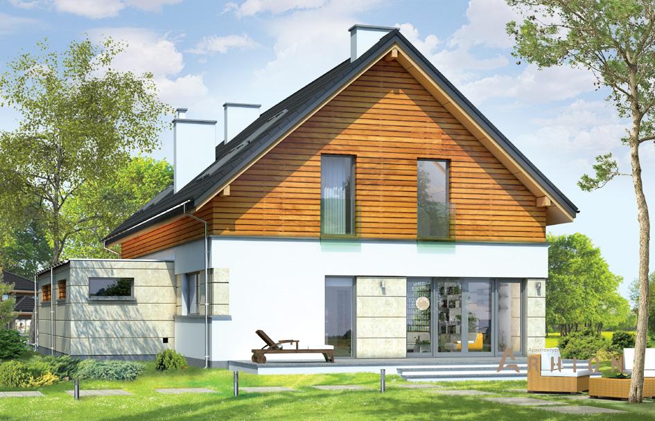 2. Проект одноэтажного дома в стиле фахверк с двускатной кровлей, mp-442, площадью - 316 кв c мансардой, терассой, гаражом