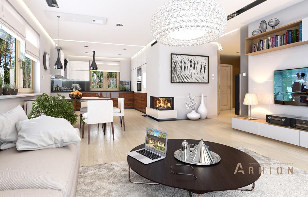 2. Проект одноэтажного дома в европейском стиле с двускатной кровлей, mp-444, площадью - 163 кв c мансардой, терассой, гаражом