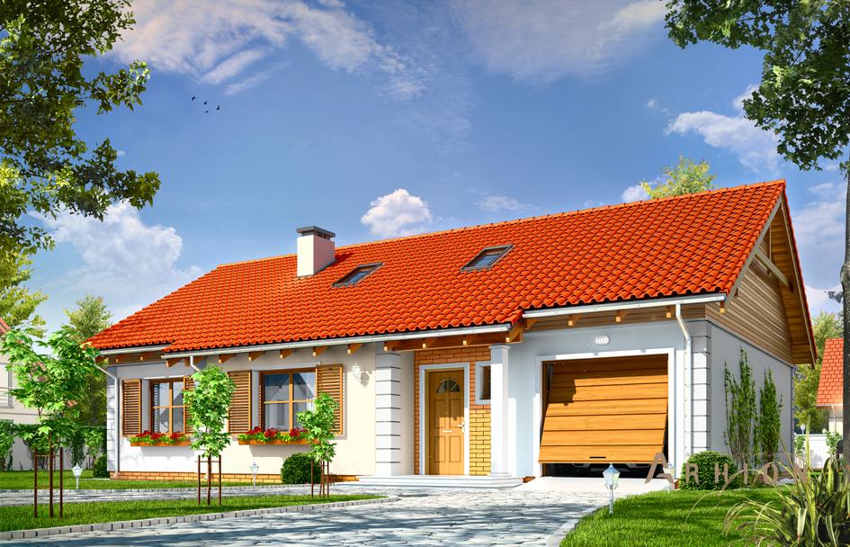 1. Проект одноэтажного дома в европейском стиле с двускатной кровлей, mp-444, площадью - 163 кв c мансардой, терассой, гаражом