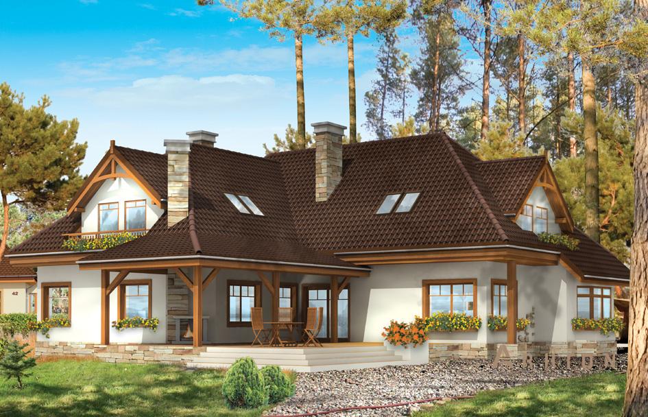 2. Проект одноэтажного дома в европейском стиле с многоскатной кровлей, mp-445, площадью - 391 кв c мансардой, терассой, балконом, гаражом, эркером