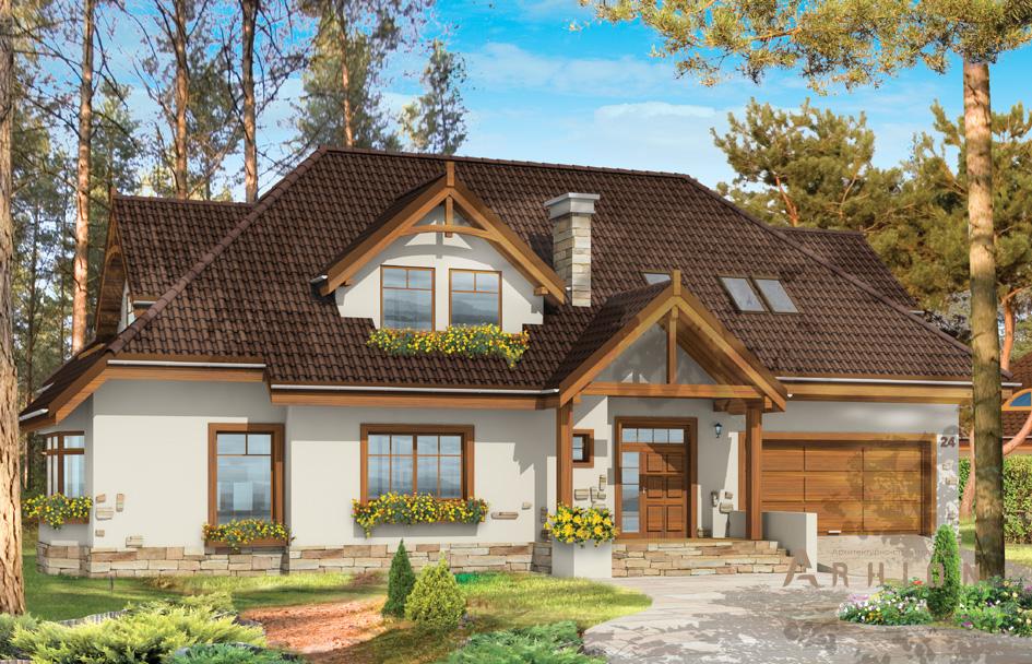 1. Проект одноэтажного дома в европейском стиле с многоскатной кровлей, mp-445, площадью - 391 кв c мансардой, терассой, балконом, гаражом, эркером