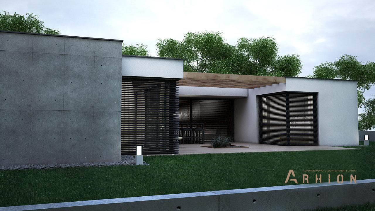 2. Проект одноэтажного дома в стиле минимализм с плоской кровлей , N-120, площадью - 120 кв c терассой