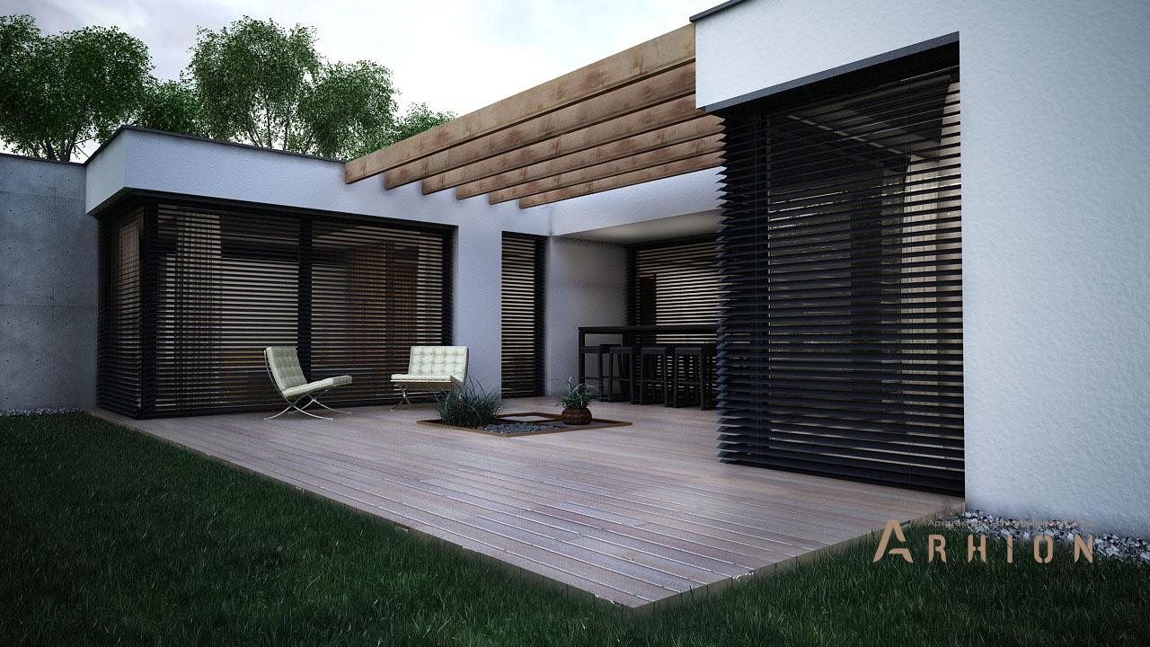 1. Проект одноэтажного дома в стиле минимализм с плоской кровлей , N-120, площадью - 120 кв c терассой