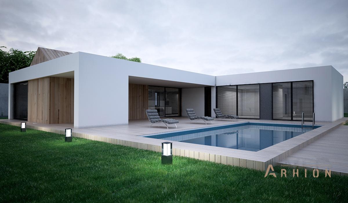 1. Проект одноэтажного дома в стиле хай-тек с плоской кровлей , N-217, площадью - 230 кв c терассой, гаражом