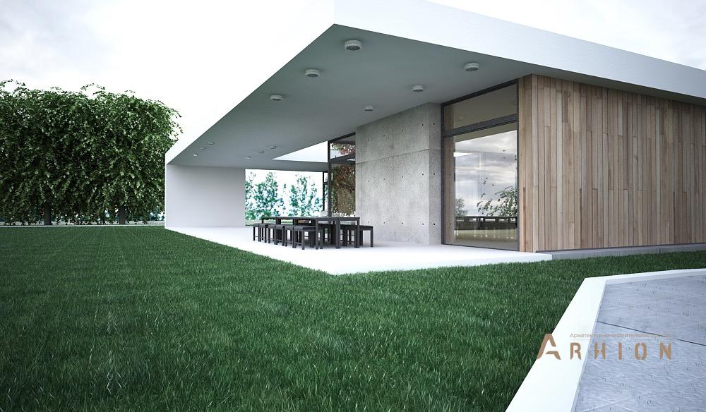 3. Проект одноэтажного дома в стиле хай-тек с плоской кровлей , N-243, площадью - 200 кв c терассой, гаражом