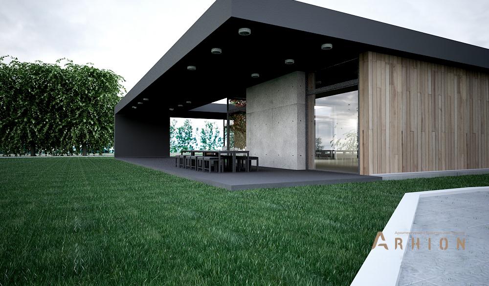 11. Проект одноэтажного дома в стиле хай-тек с плоской кровлей , N-243, площадью - 200 кв c терассой, гаражом