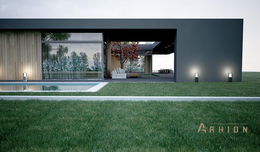 12. Проект одноэтажного дома в стиле хай-тек с плоской кровлей , N-243, площадью - 200 кв c терассой, гаражом