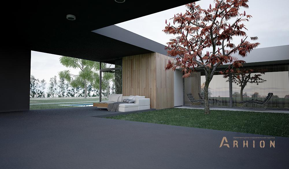 14. Проект одноэтажного дома в стиле хай-тек с плоской кровлей , N-243, площадью - 200 кв c терассой, гаражом