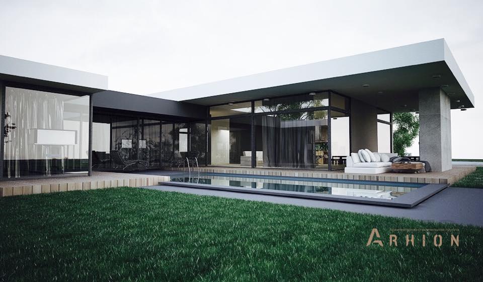 16. Проект одноэтажного дома в стиле хай-тек с плоской кровлей , N-243, площадью - 200 кв c терассой, гаражом