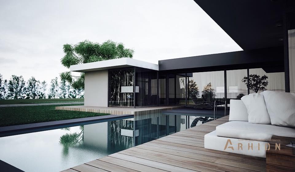 18. Проект одноэтажного дома в стиле хай-тек с плоской кровлей , N-243, площадью - 200 кв c терассой, гаражом