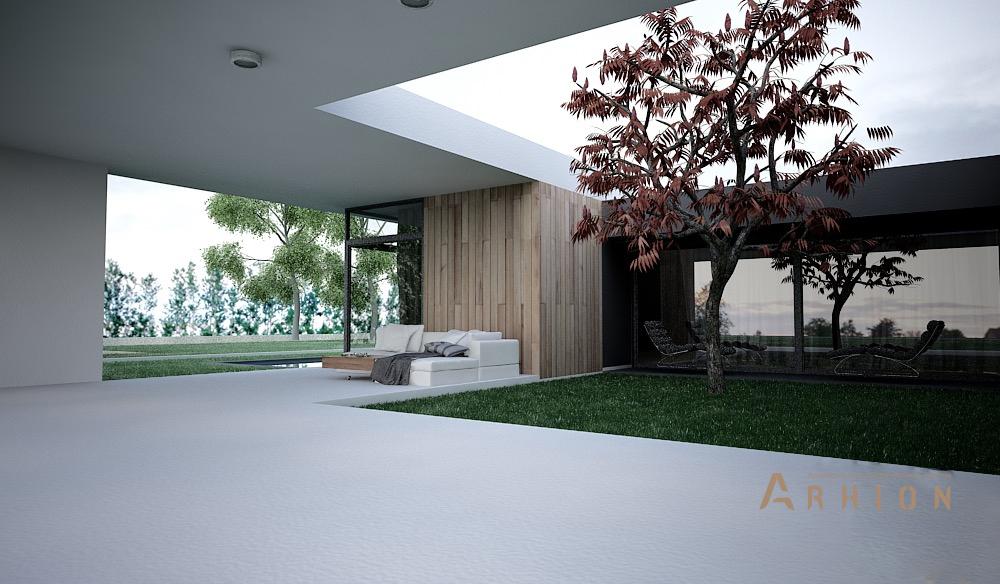 9. Проект одноэтажного дома в стиле хай-тек с плоской кровлей , N-243, площадью - 200 кв c терассой, гаражом