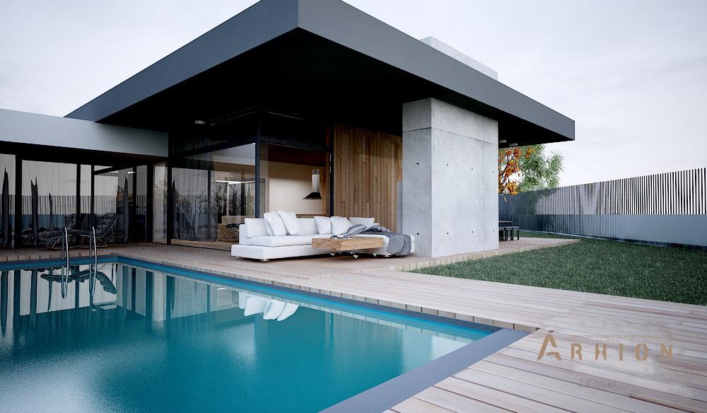 7. Проект одноэтажного дома в стиле хай-тек с плоской кровлей , N-245, площадью - 244 кв c терассой, гаражом