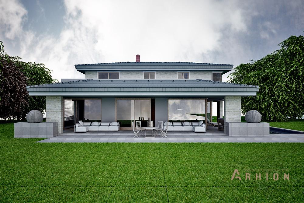 1. Проект двухэтажного дома в современном стиле с четырехскатной, N-316, площадью - 315 кв c цокольным этажом