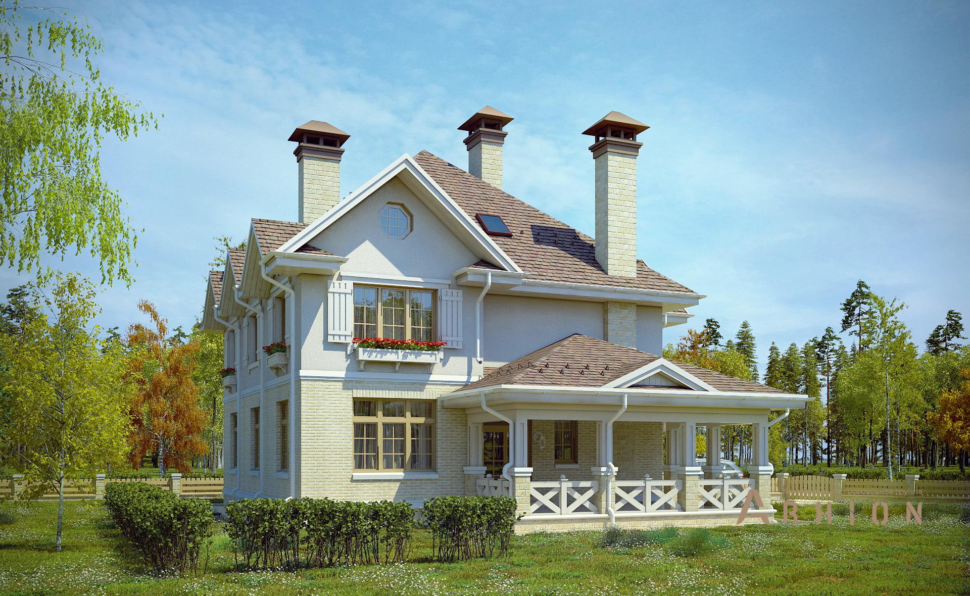 2. Проект двухэтажного дома в прованском стиле с многоскатной кровлей, N-320, площадью - 302 кв c гаражом