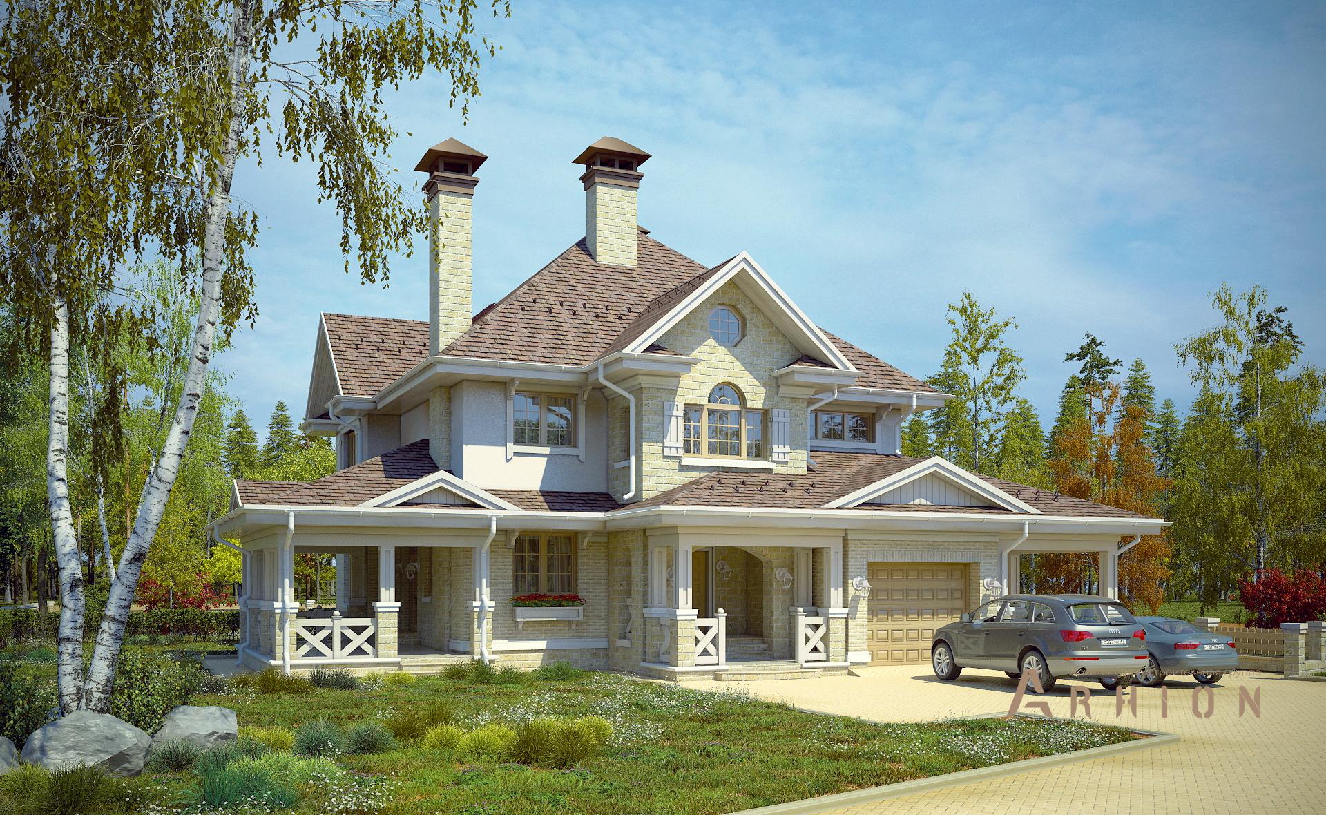 1. Проект двухэтажного дома в прованском стиле с многоскатной кровлей, N-320, площадью - 302 кв c гаражом