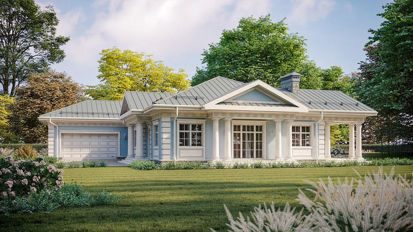 4. Проект одноэтажного дома в классическом стиле с многоскатной кровлей, N-321, площадью - 285 кв c терассой, гаражом