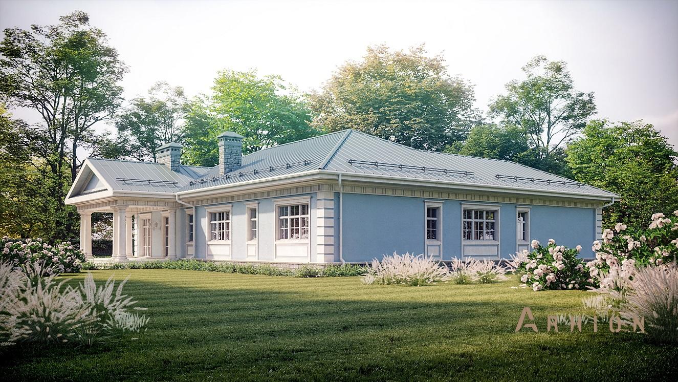 5. Проект одноэтажного дома в классическом стиле с многоскатной кровлей, N-321, площадью - 285 кв c терассой, гаражом