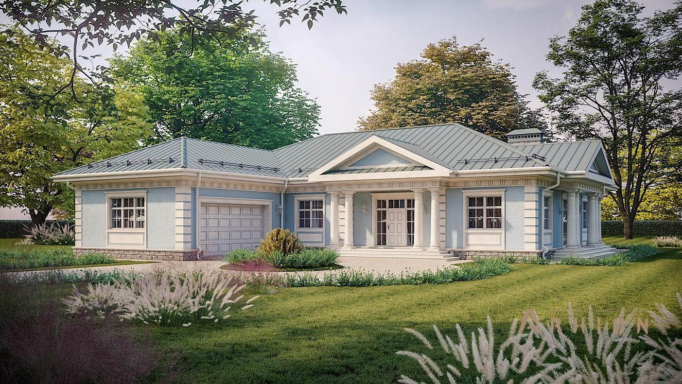 2. Проект одноэтажного дома в классическом стиле с многоскатной кровлей, N-321, площадью - 285 кв c терассой, гаражом