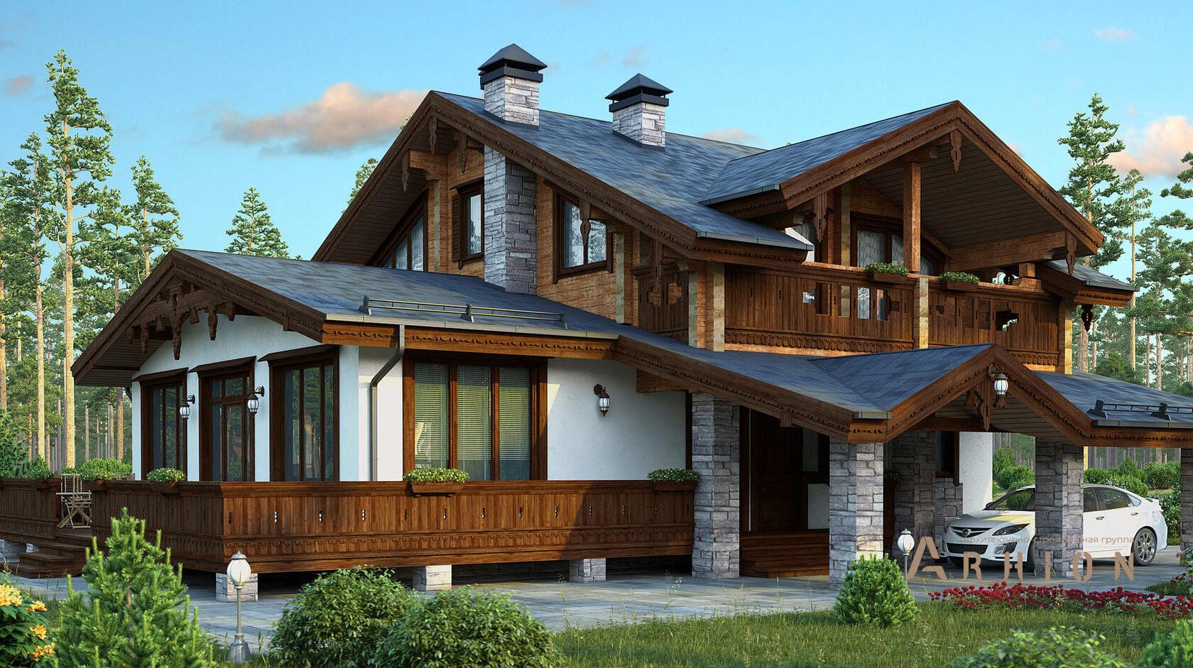 1. Проект одноэтажного дома в альпийском стиле с плоской кровлей , R-13-88, площадью - 205 кв c мансардой, сауной, терассой, балконом