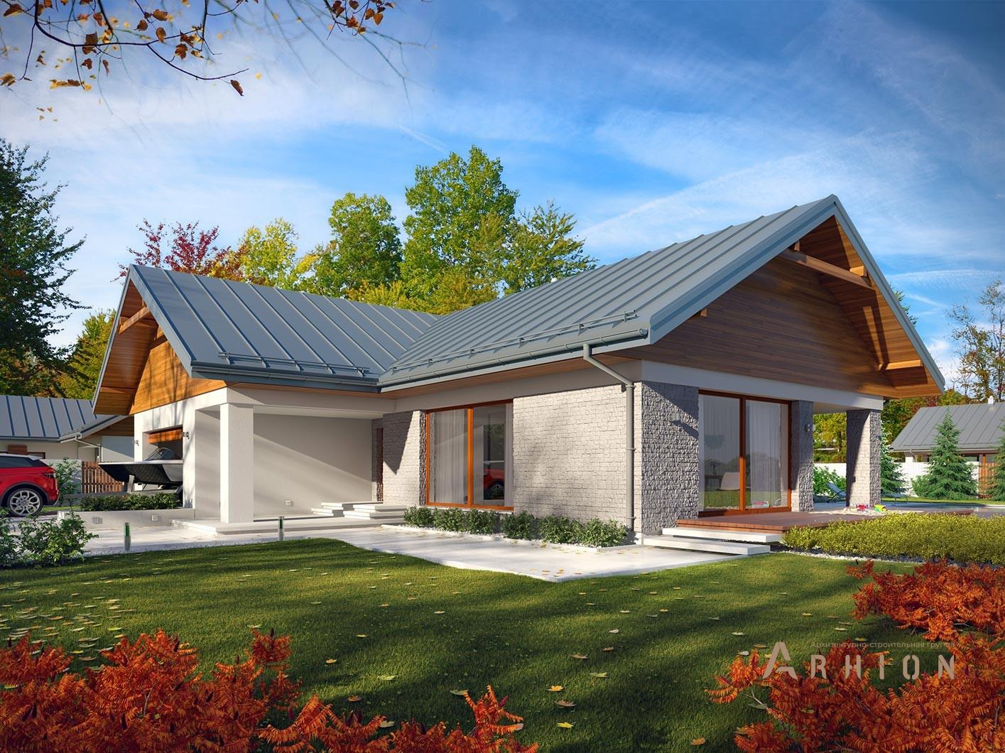 1. Проект одноэтажного дома в современном стиле с плоской кровлей , R-14-19, площадью - 137 кв c терассой, гаражом