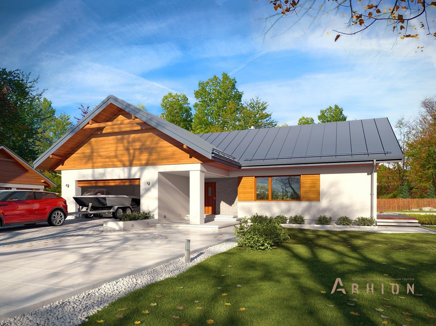 1. Проект одноэтажного дома в европейском стиле с плоской кровлей , R-14-20, площадью - 135 кв c терассой, гаражом