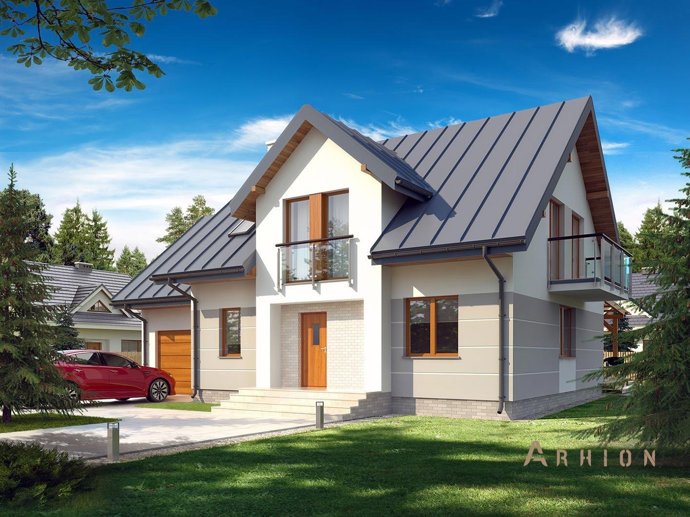 1. Проект одноэтажного дома в современном стиле с двускатной кровлей, R-14-27, площадью - 178 кв c мансардой, терассой, балконом, гаражом