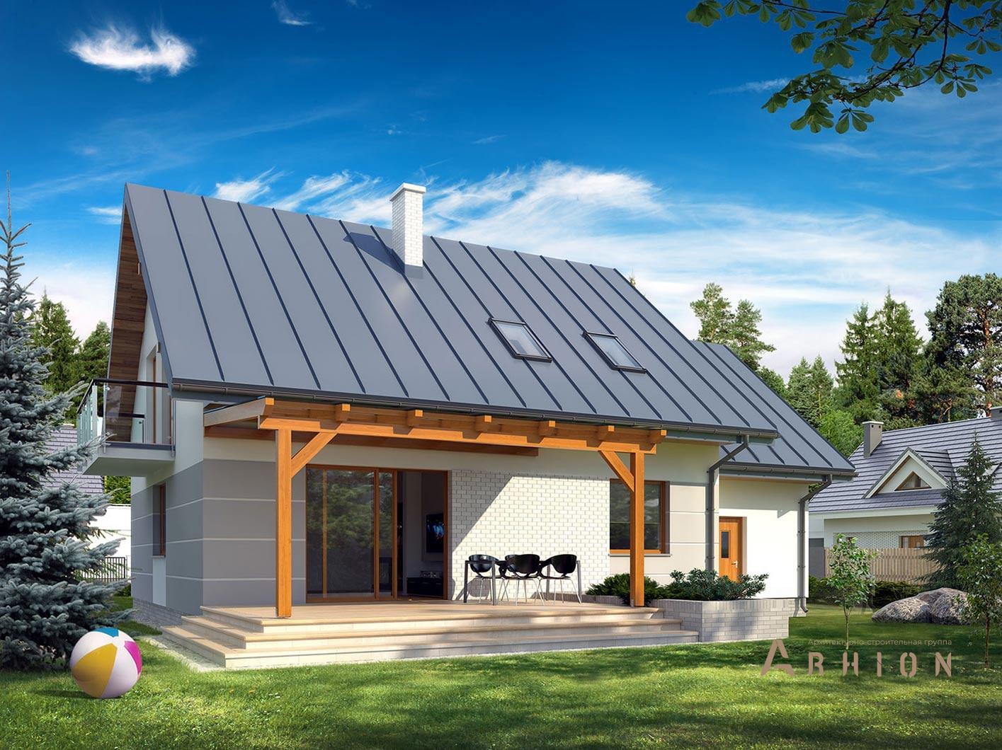 2. Проект одноэтажного дома в современном стиле с двускатной кровлей, R-14-27, площадью - 178 кв c мансардой, терассой, балконом, гаражом