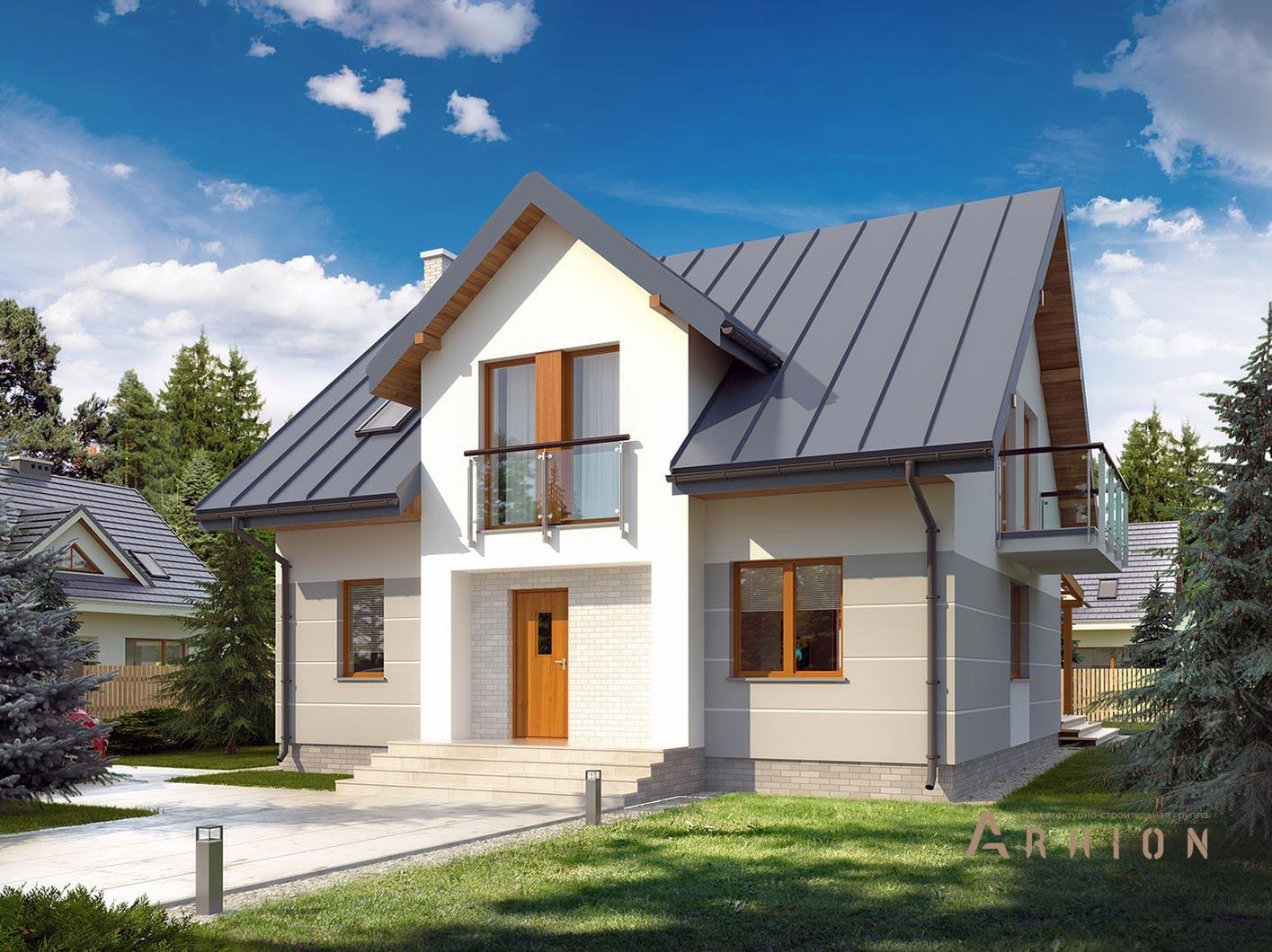 1. Проект одноэтажного дома в европейском стиле с двускатной кровлей, R-14-29, площадью - 143 кв c мансардой, терассой, балконом