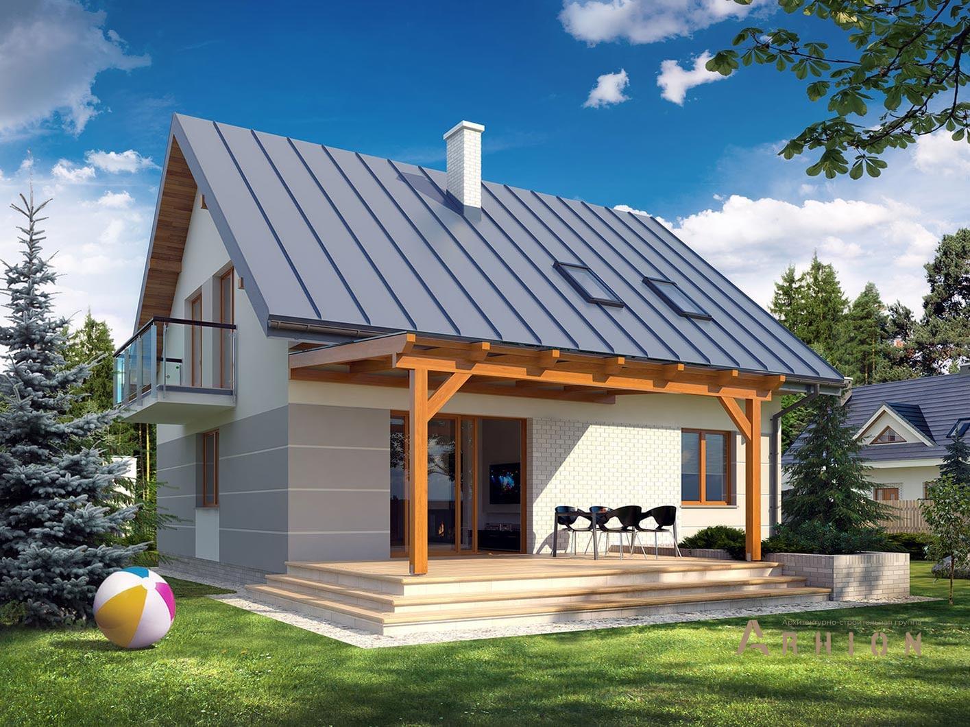 2. Проект одноэтажного дома в европейском стиле с двускатной кровлей, R-14-29, площадью - 143 кв c мансардой, терассой, балконом