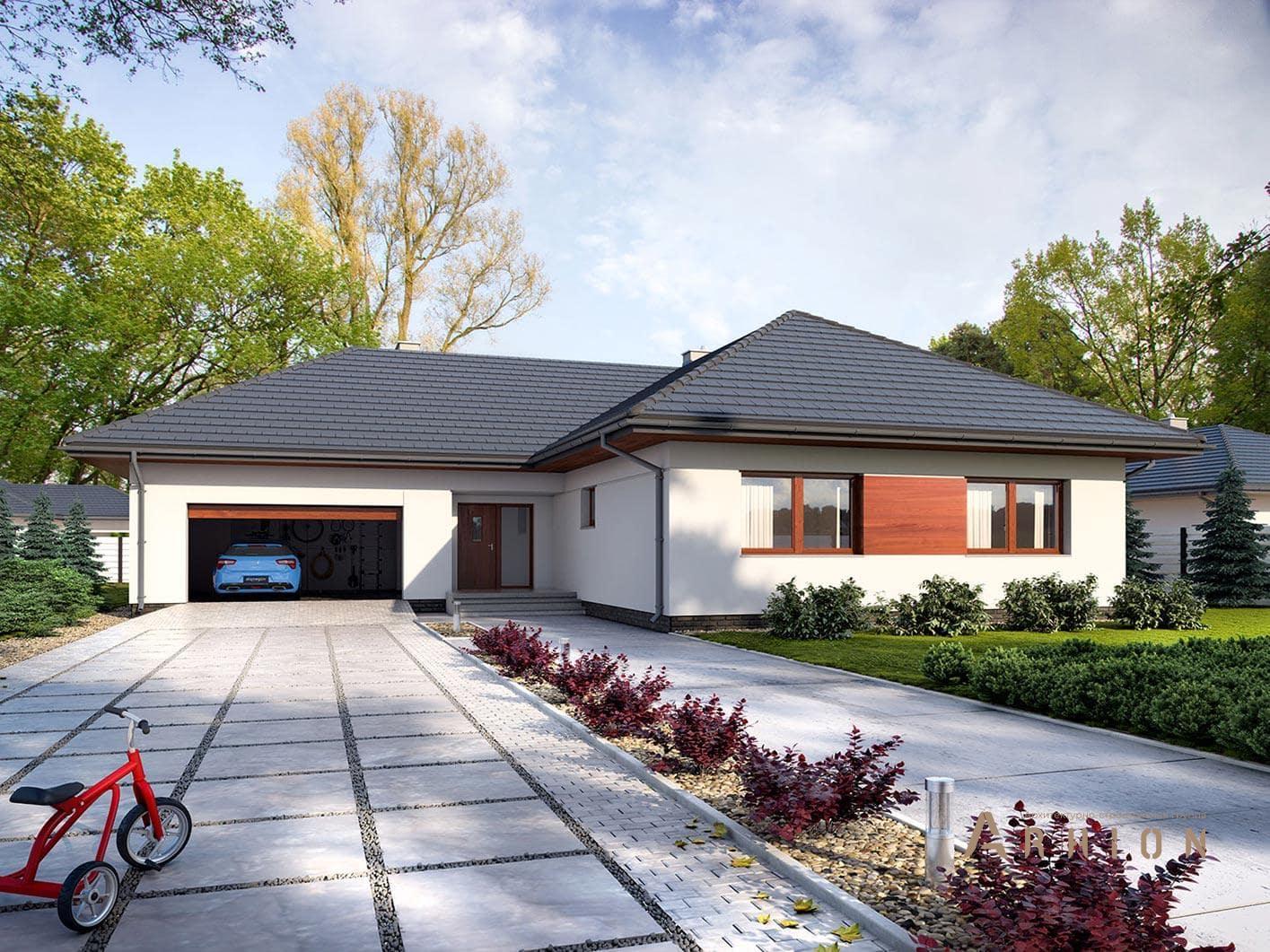 1. Проект одноэтажного дома в современном стиле с плоской кровлей , R-14-38, площадью - 182 кв c терассой, гаражом