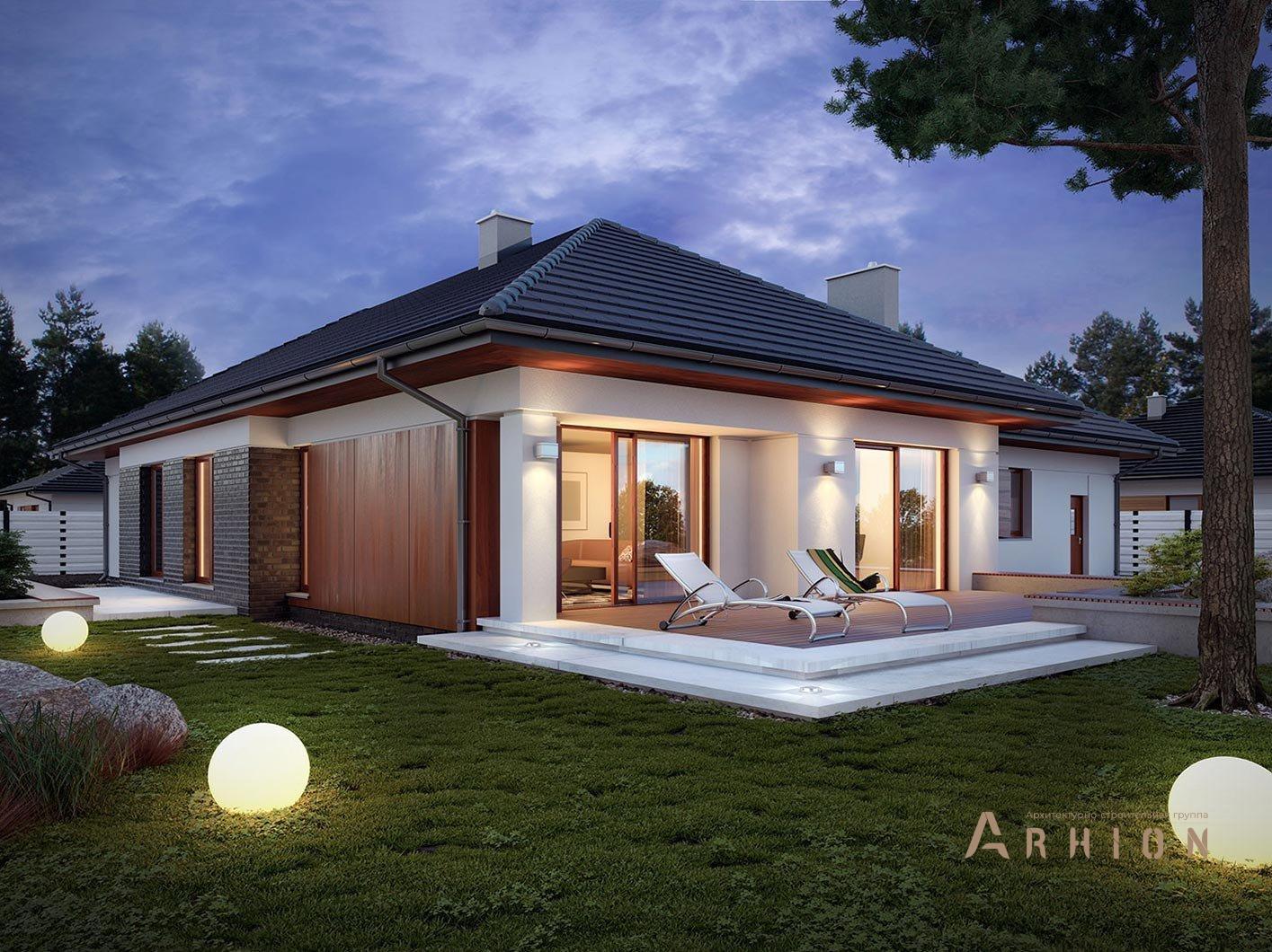 2. Проект одноэтажного дома в современном стиле с плоской кровлей , R-14-38, площадью - 182 кв c терассой, гаражом