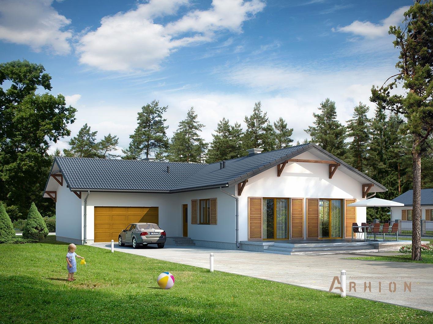 1. Проект одноэтажного дома в европейском стиле с плоской кровлей , R-14-39, площадью - 137 кв c терассой, гаражом