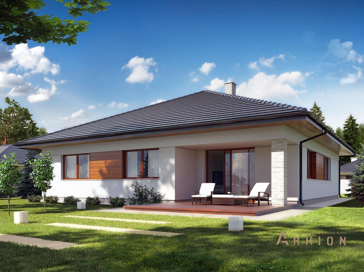 1. Проект одноэтажного дома в современном стиле с четырехскатной, R-14-50, площадью - 168 кв c терассой, гаражом