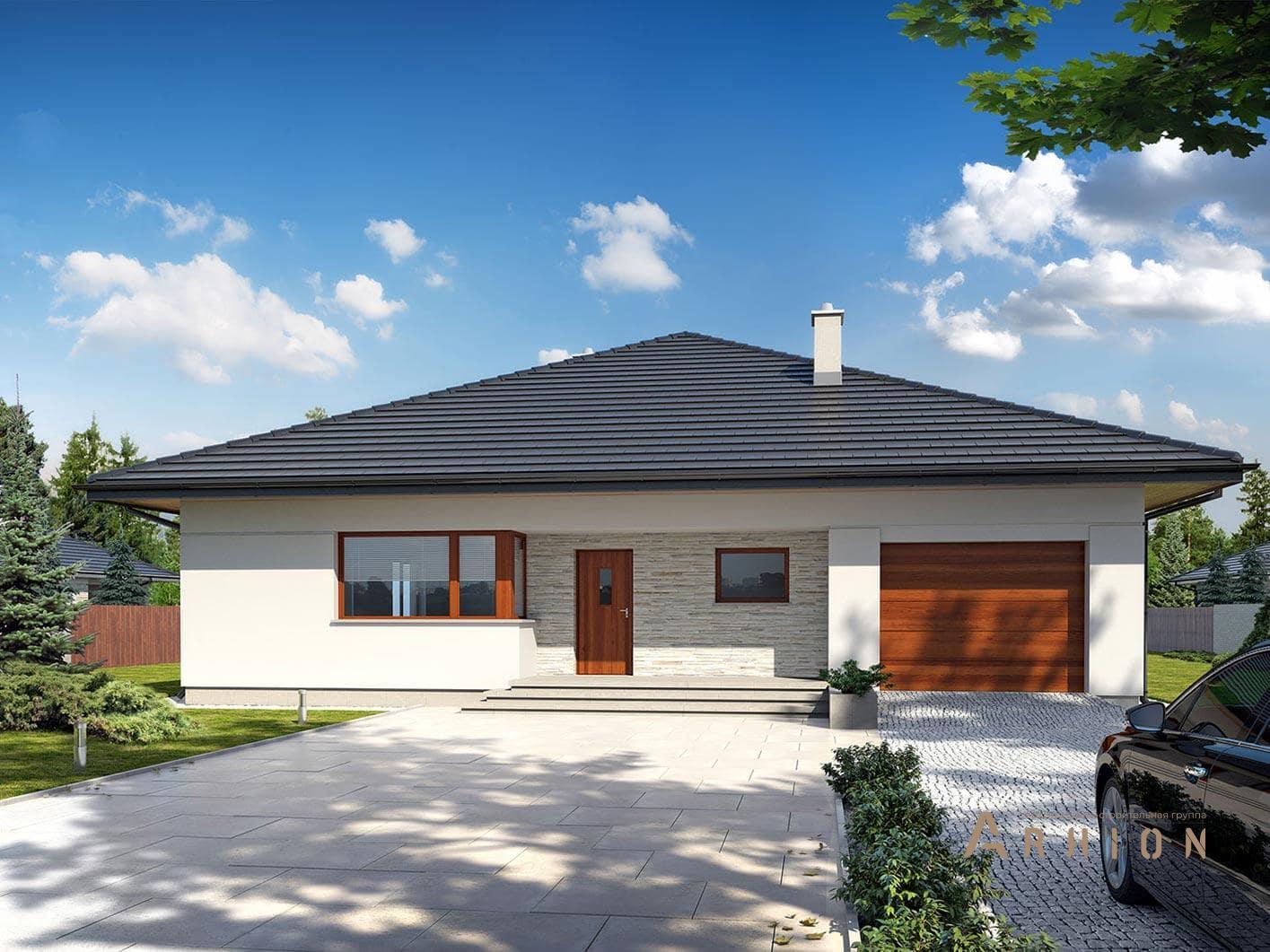 2. Проект одноэтажного дома в современном стиле с четырехскатной, R-14-50, площадью - 168 кв c терассой, гаражом