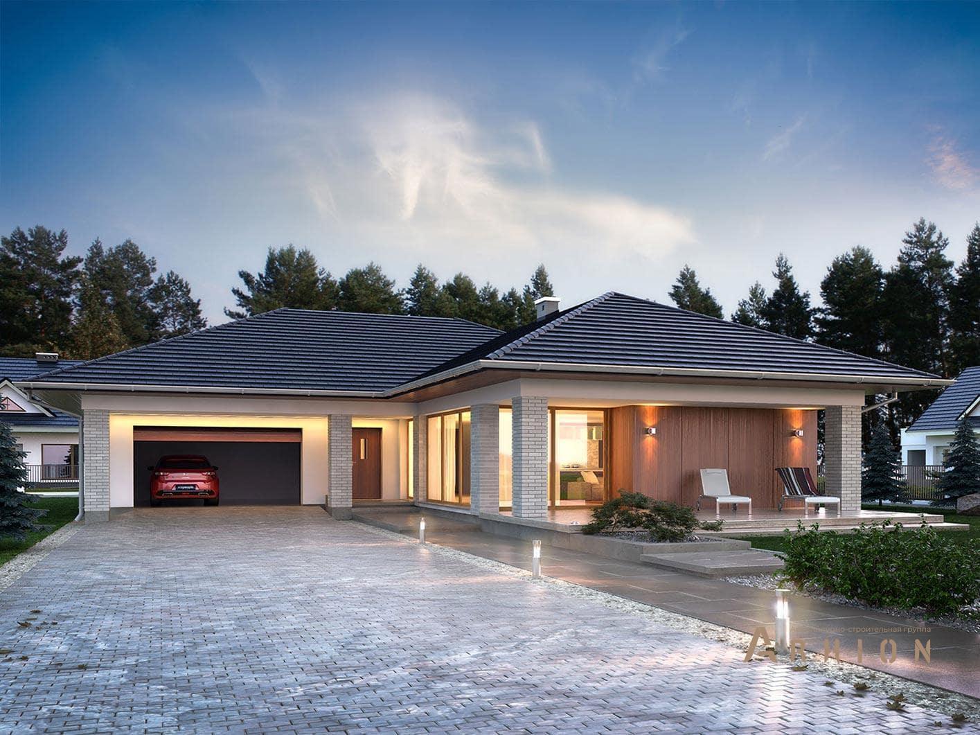 1. Проект одноэтажного дома в современном стиле с четырехскатной, R-14-56, площадью - 142 кв c терассой, гаражом