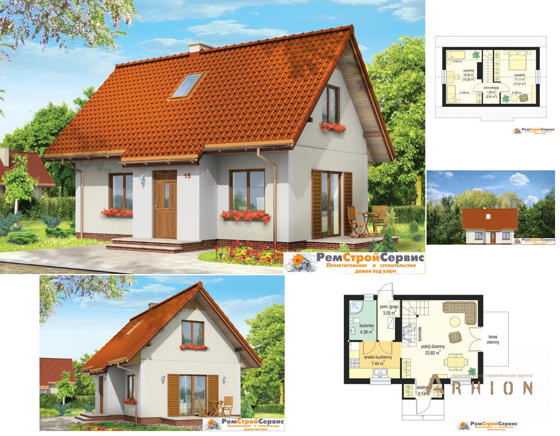1. Проект одноэтажного дома в европейском стиле с двускатной кровлей, R-23-47, площадью - 80 кв c мансардой, терассой