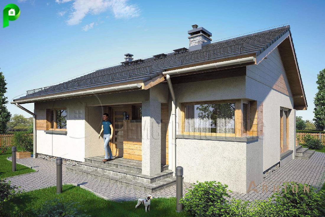 1. Проект одноэтажного дома в европейском стиле с двускатной кровлей, R-28-46, площадью - 73 кв c терассой