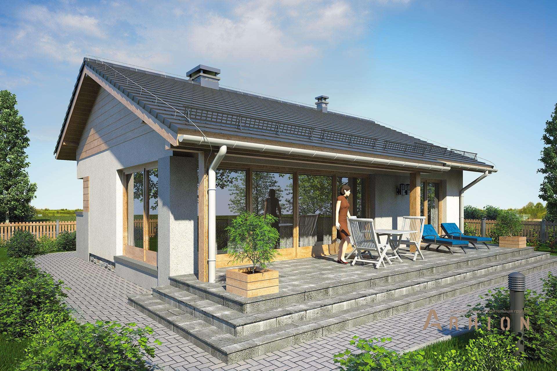 2. Проект одноэтажного дома в европейском стиле с двускатной кровлей, R-28-46, площадью - 73 кв c терассой