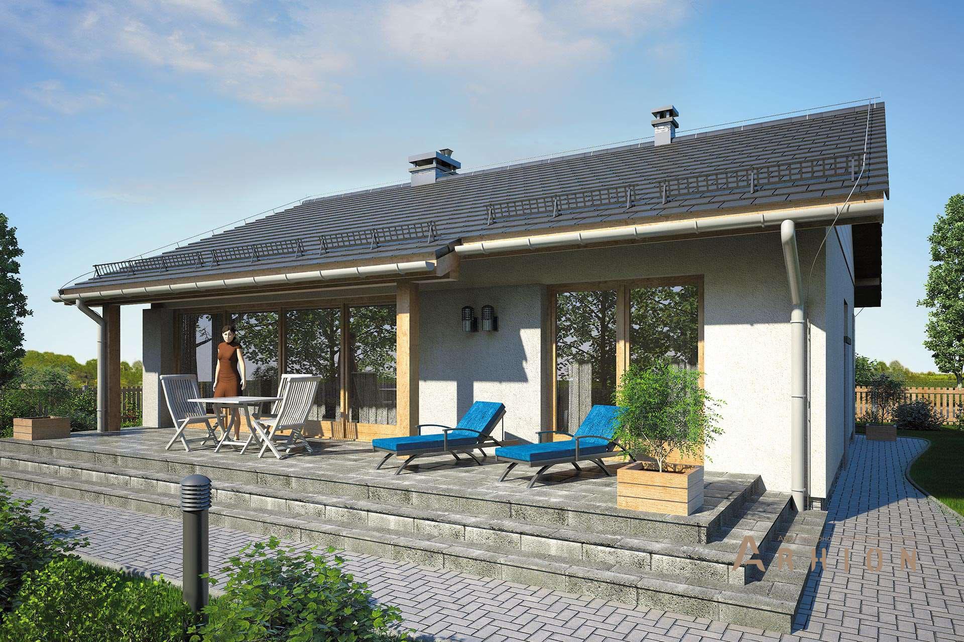 3. Проект одноэтажного дома в европейском стиле с двускатной кровлей, R-28-46, площадью - 73 кв c терассой