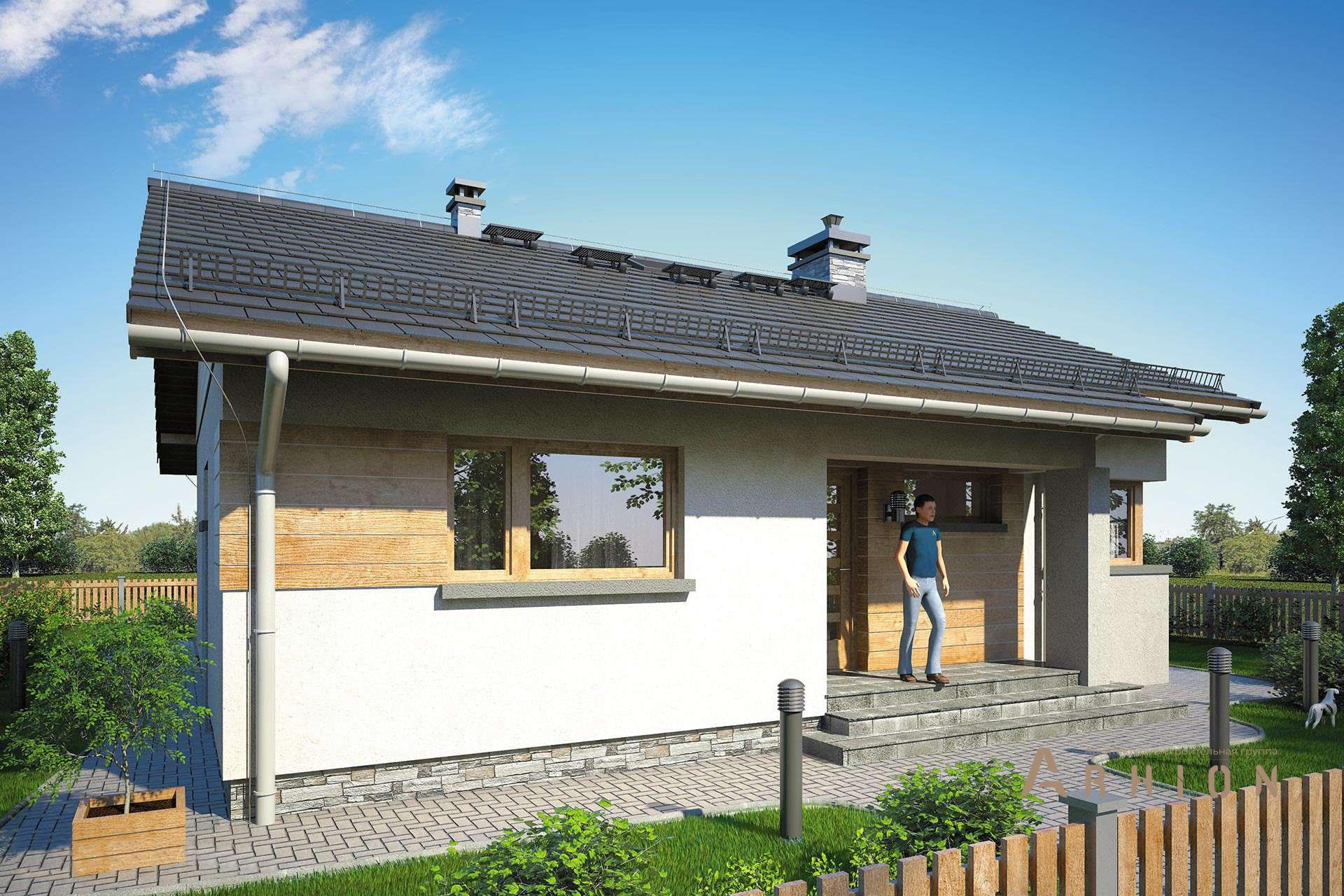 4. Проект одноэтажного дома в европейском стиле с двускатной кровлей, R-28-46, площадью - 73 кв c терассой