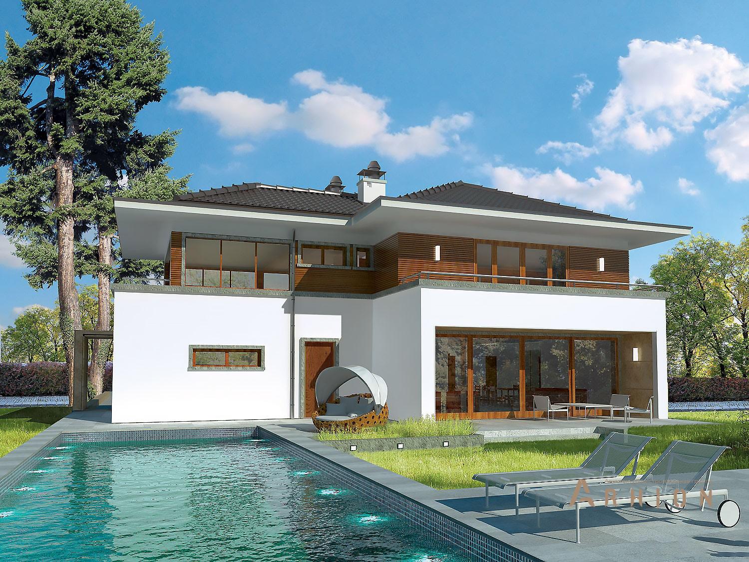 1. Проект двухэтажного дома в европейском стиле с четырехскатной, R-42-57, площадью - 265 кв c балконом