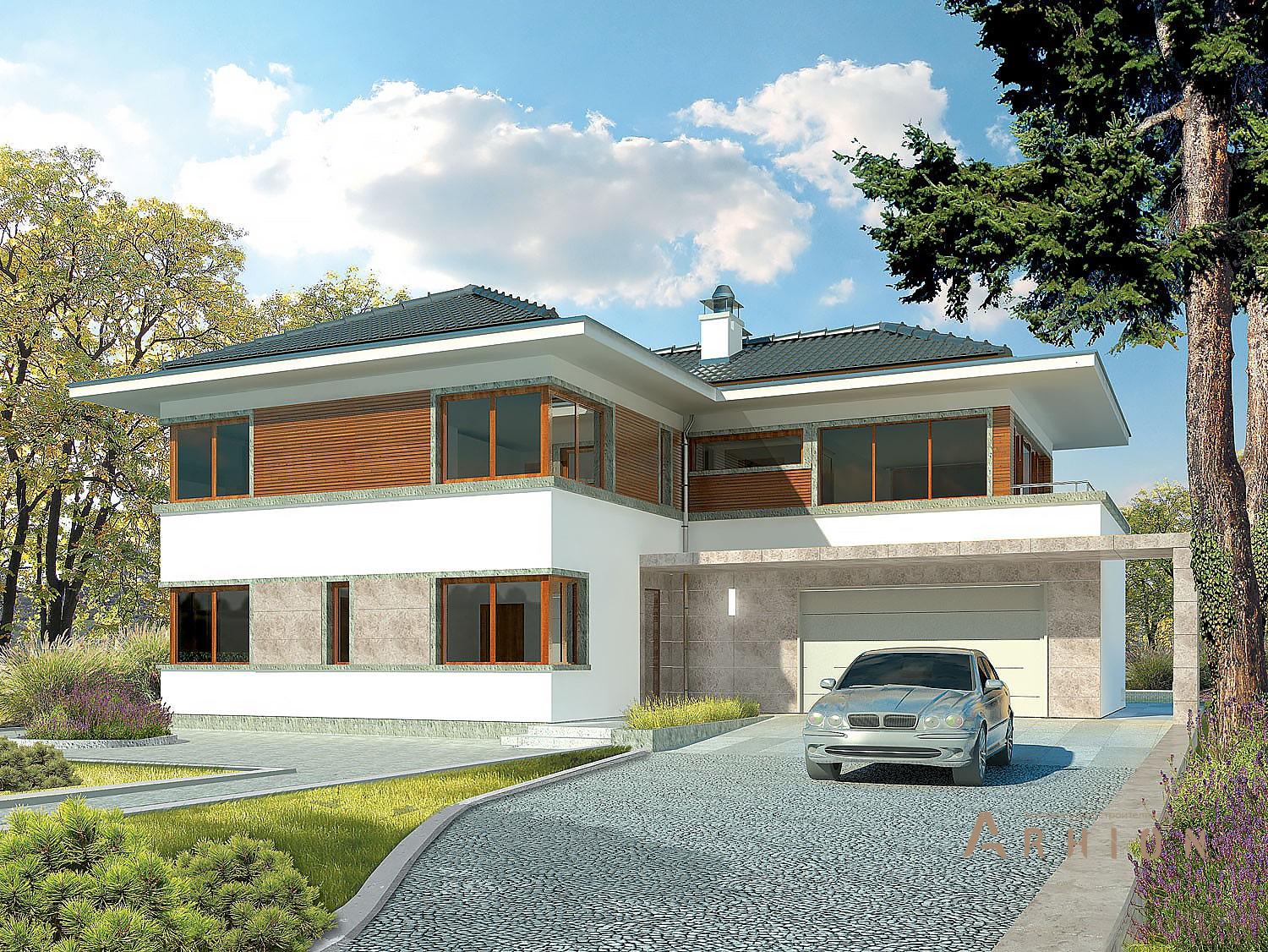 2. Проект двухэтажного дома в европейском стиле с четырехскатной, R-42-57, площадью - 265 кв c балконом