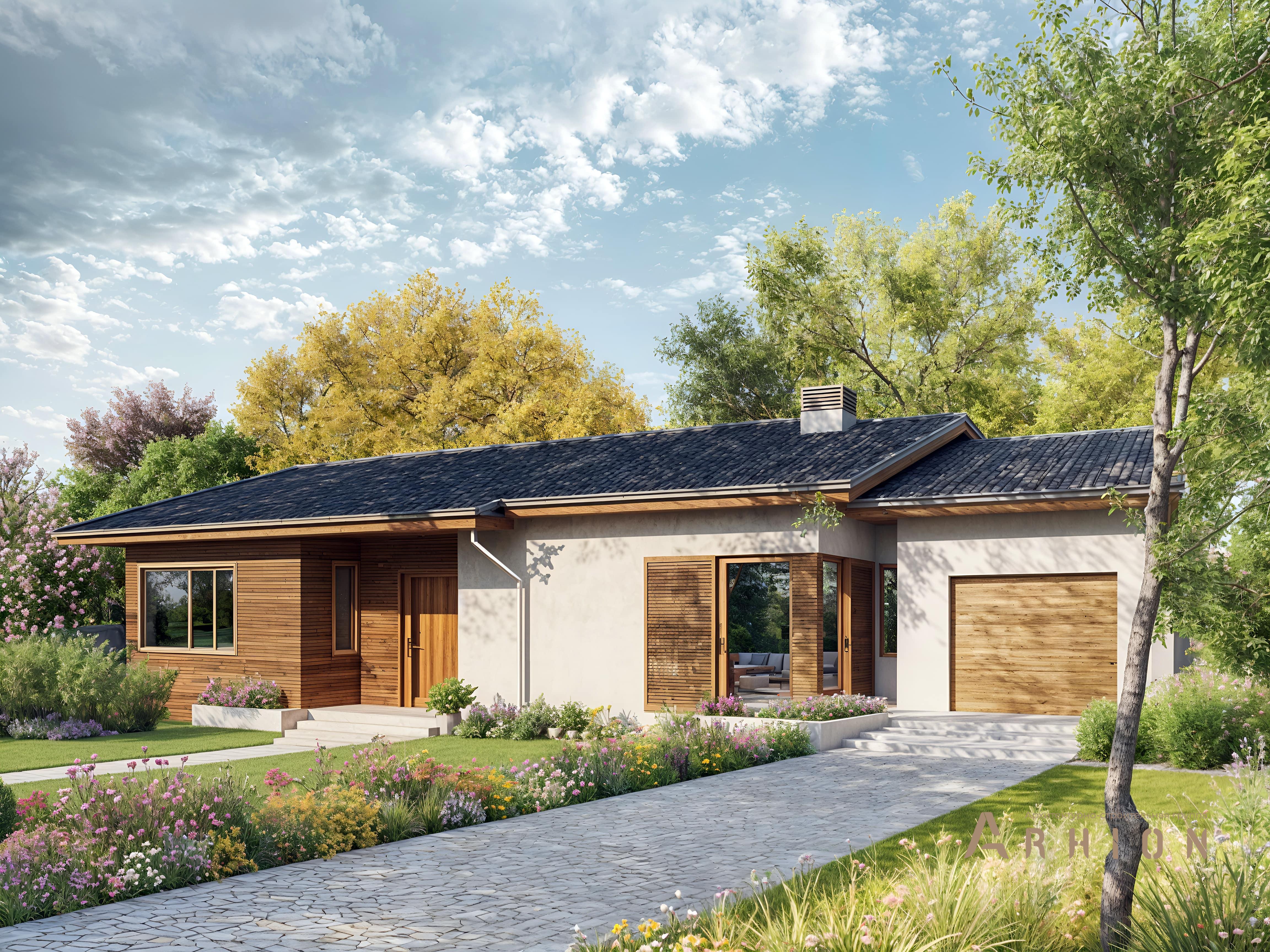 1. Проект одноэтажного дома в современном стиле с двускатной кровлей, R-42-58, площадью - 150 кв c терассой, гаражом