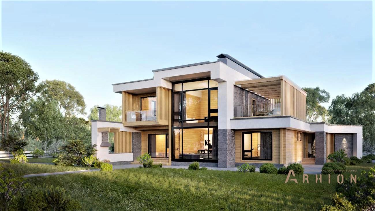 1. Проект двухэтажного дома в стиле хай-тек с плоской кровлей , rh-319, площадью - 328 кв c терассой, балконом, гаражом