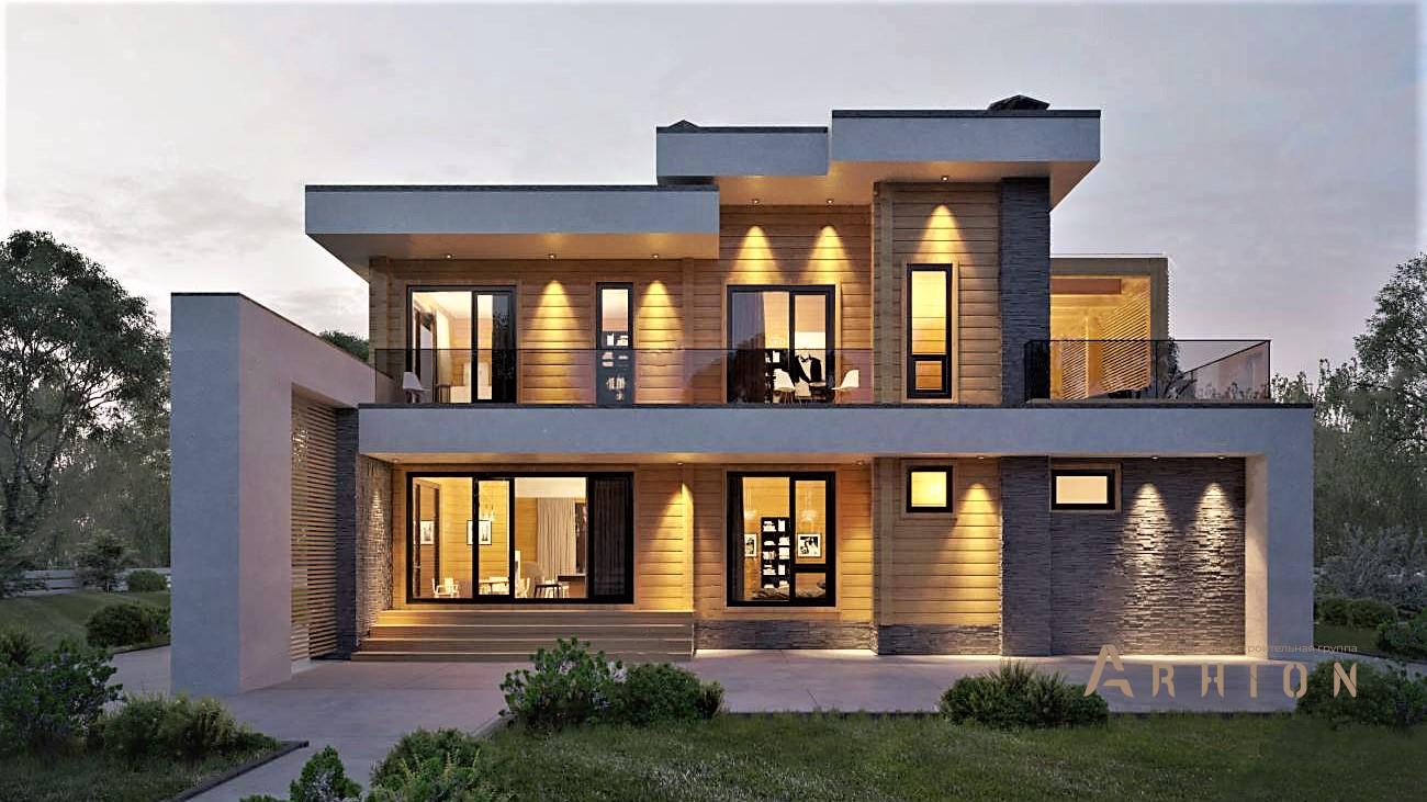 1. Проект двухэтажного дома в стиле хай-тек с плоской кровлей , rh-339, площадью - 290 кв c сауной, терассой, балконом, гаражом