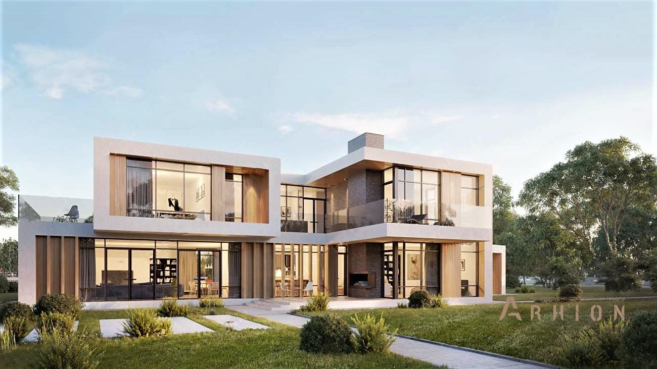 1. Проект двухэтажного дома в стиле хай-тек с плоской кровлей , rh-355, площадью - 355 кв c сауной, терассой, балконом, гаражом