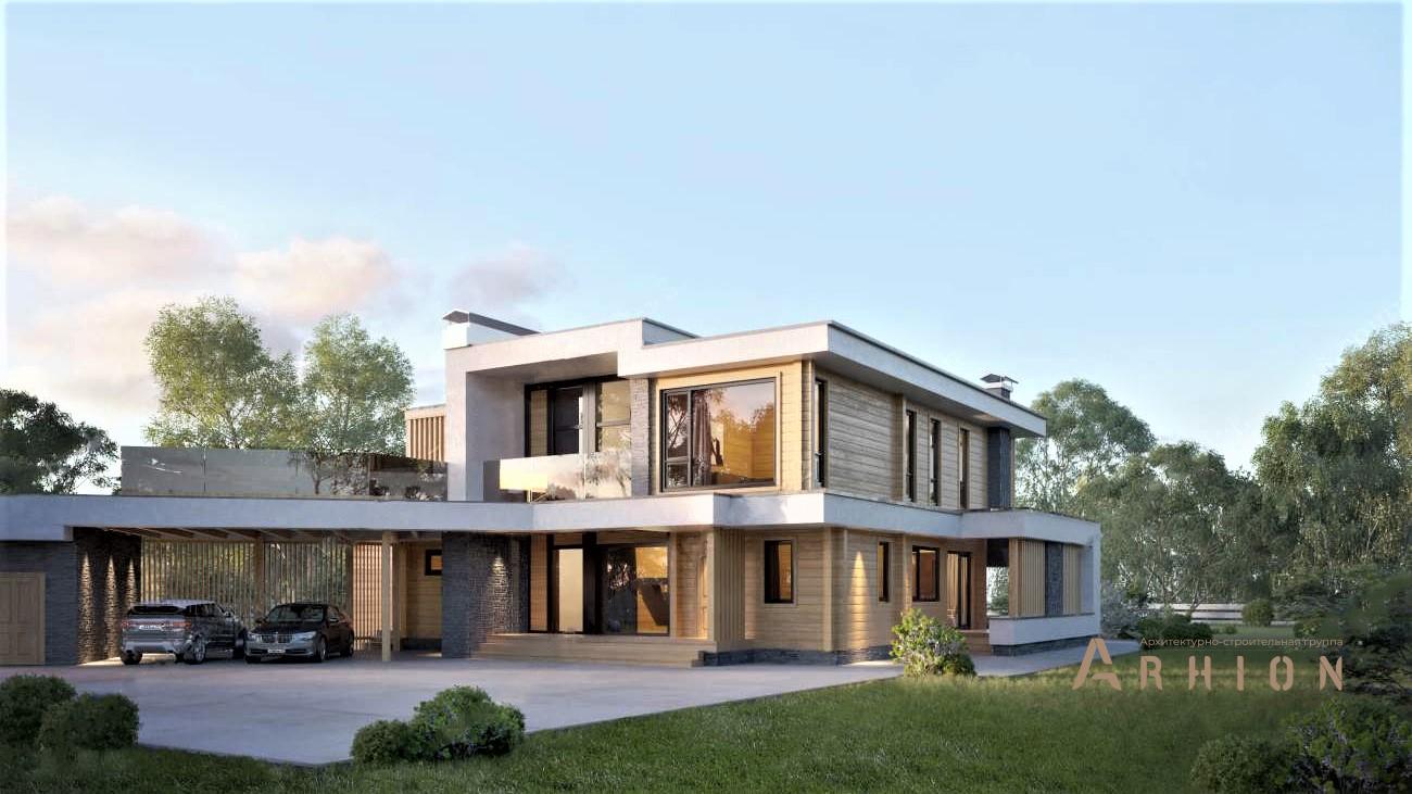 1. Проект двухэтажного дома в стиле хай-тек с плоской кровлей , rh-386, площадью - 386 кв c сауной, терассой, балконом, гаражом