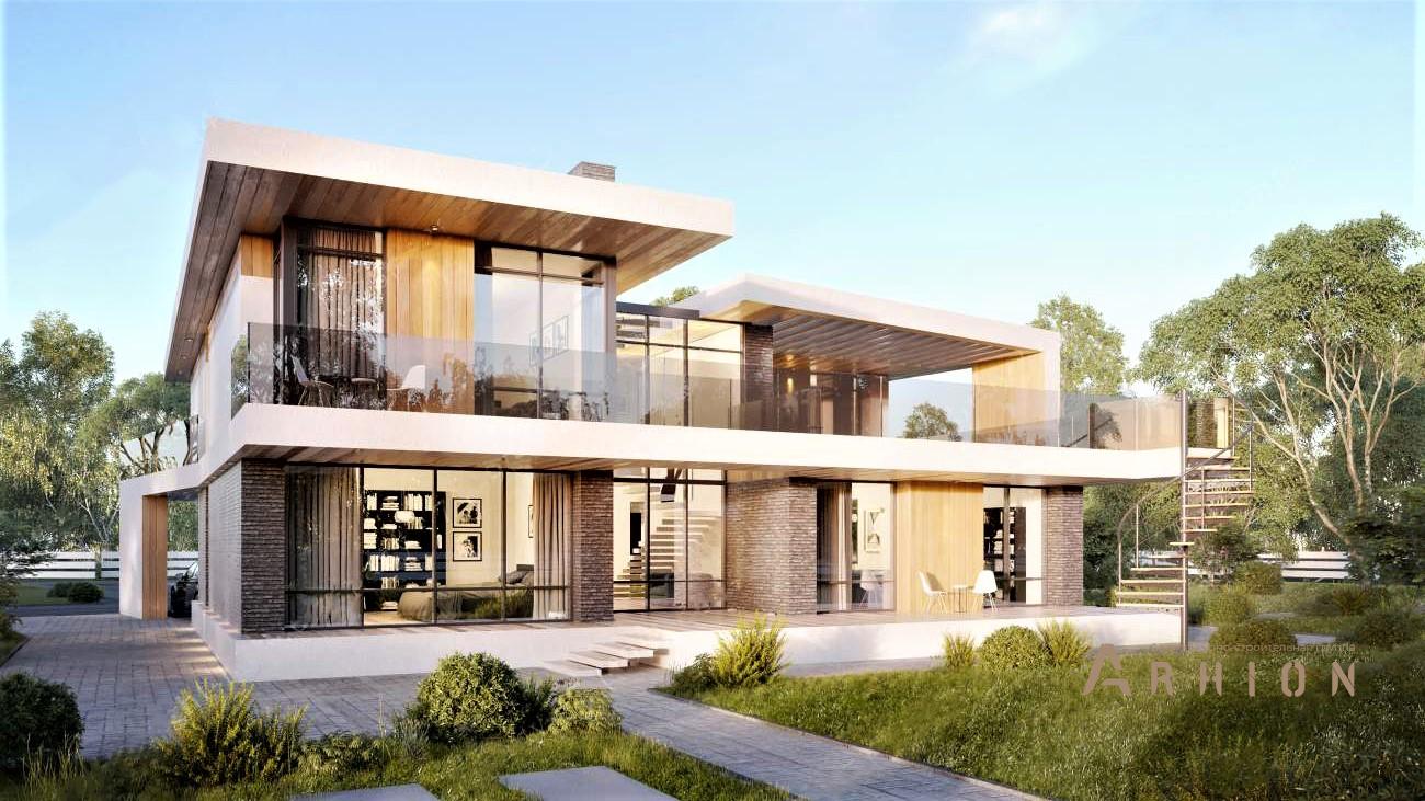 1. Проект двухэтажного дома в стиле хай-тек с плоской кровлей , rh-410, площадью - 410 кв c сауной, терассой, балконом, гаражом, вторым светом