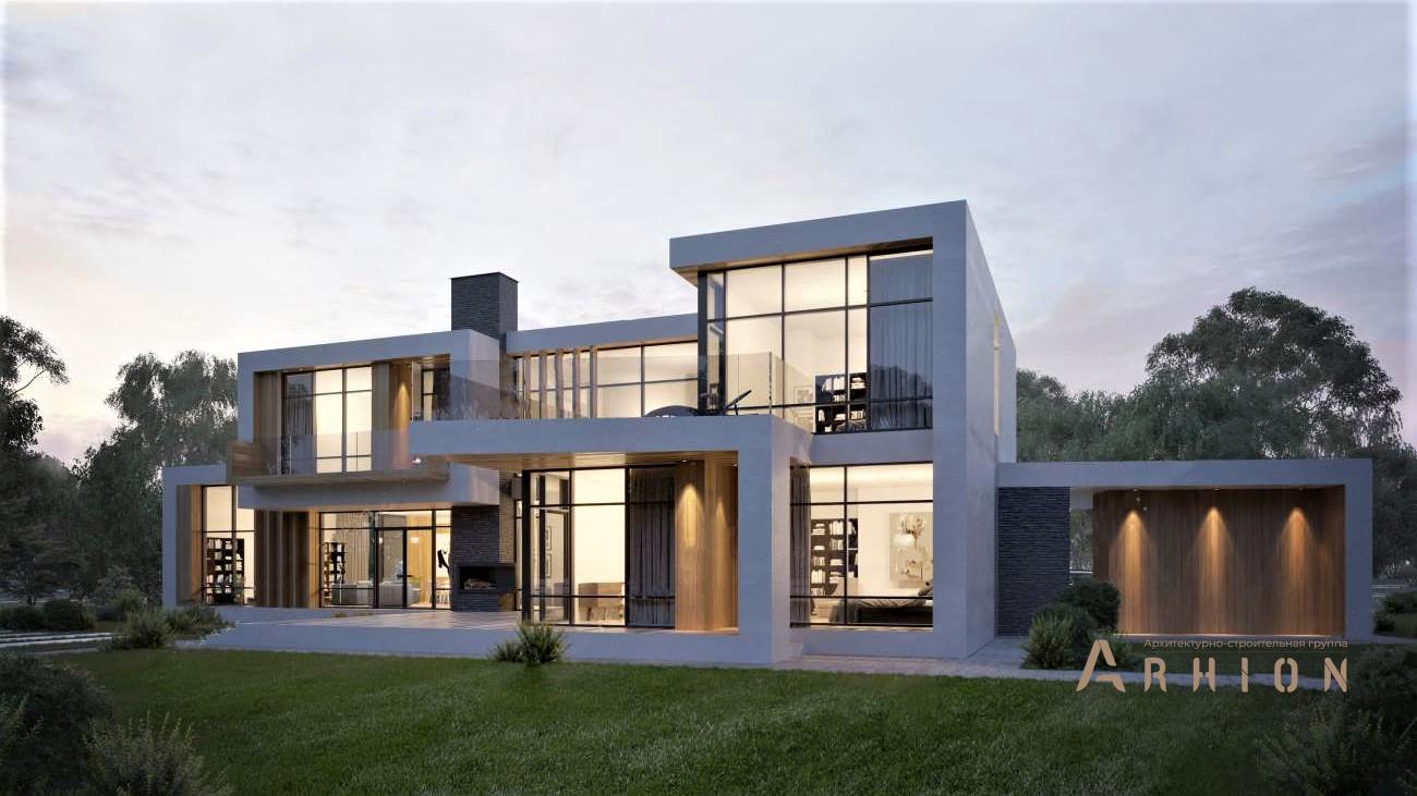 1. Проект двухэтажного дома в стиле хай-тек с плоской кровлей , rh-456, площадью - 456 кв c сауной, терассой, балконом, гаражом, вторым светом