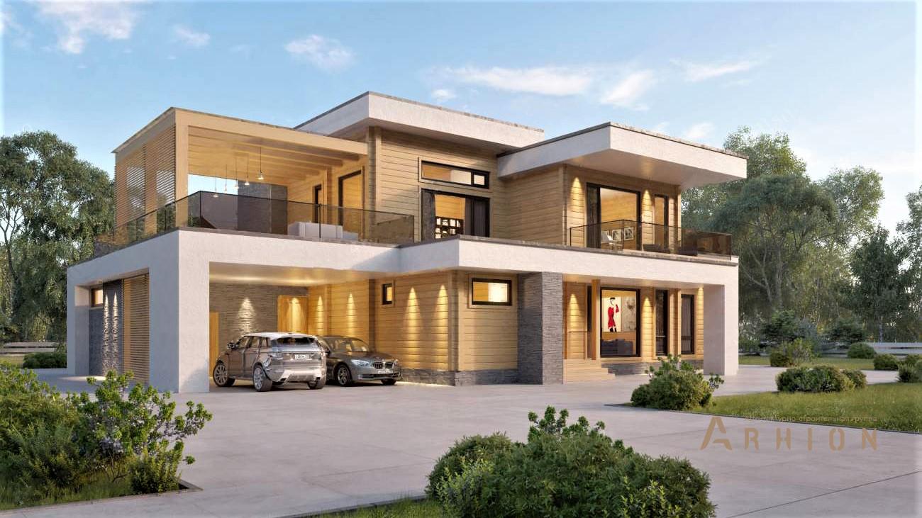 1. Проект двухэтажного дома в стиле хай-тек с плоской кровлей , rh-459, площадью - 459 кв c сауной, терассой, балконом, гаражом